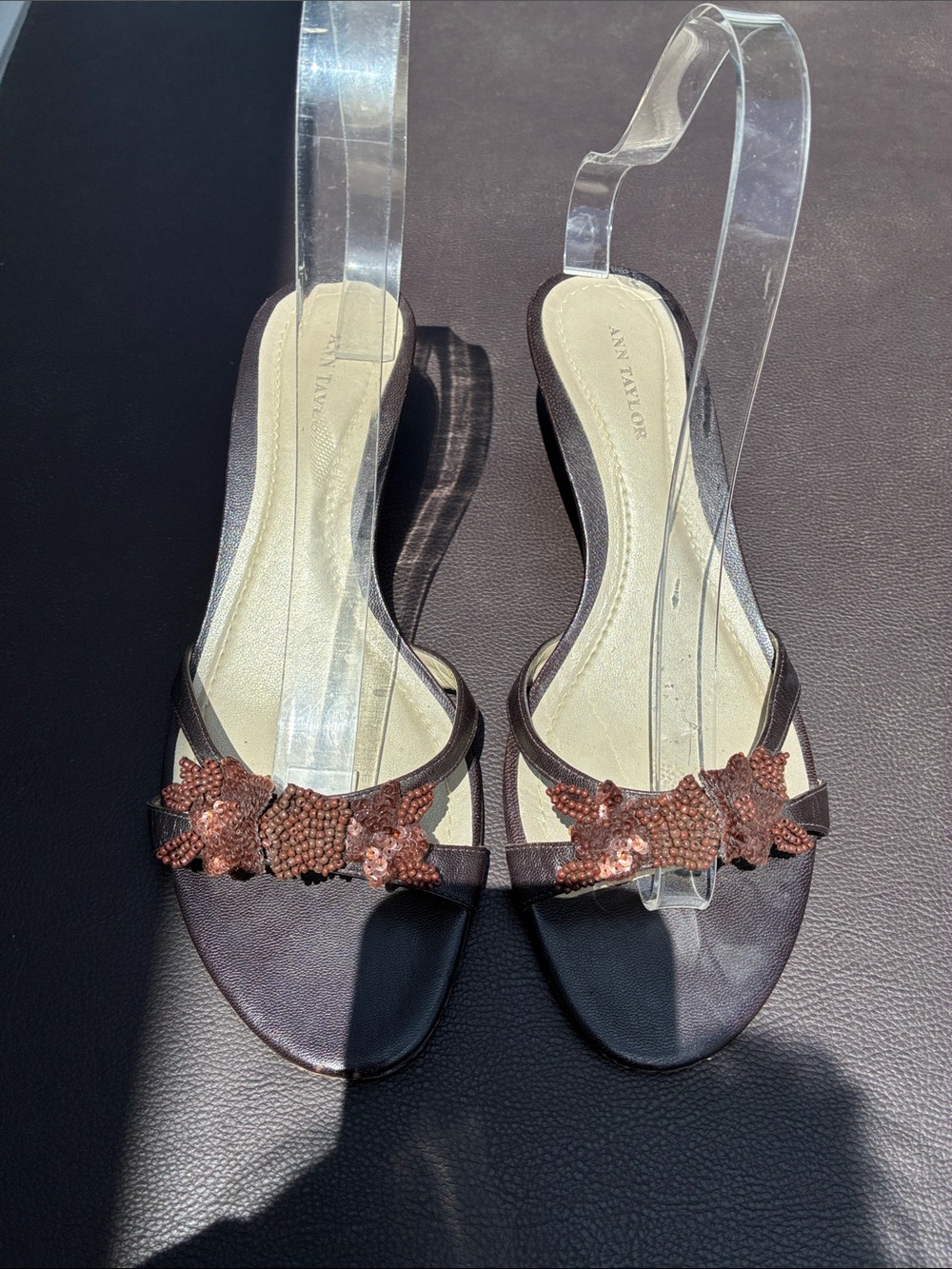 Ann Taylor Dark Brown Beaded Floral Slingback Sandals